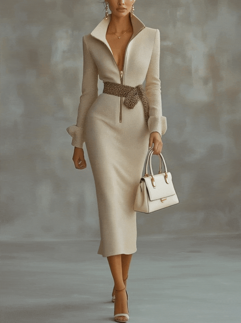 Ivory Elegant High Collar Midi Dress