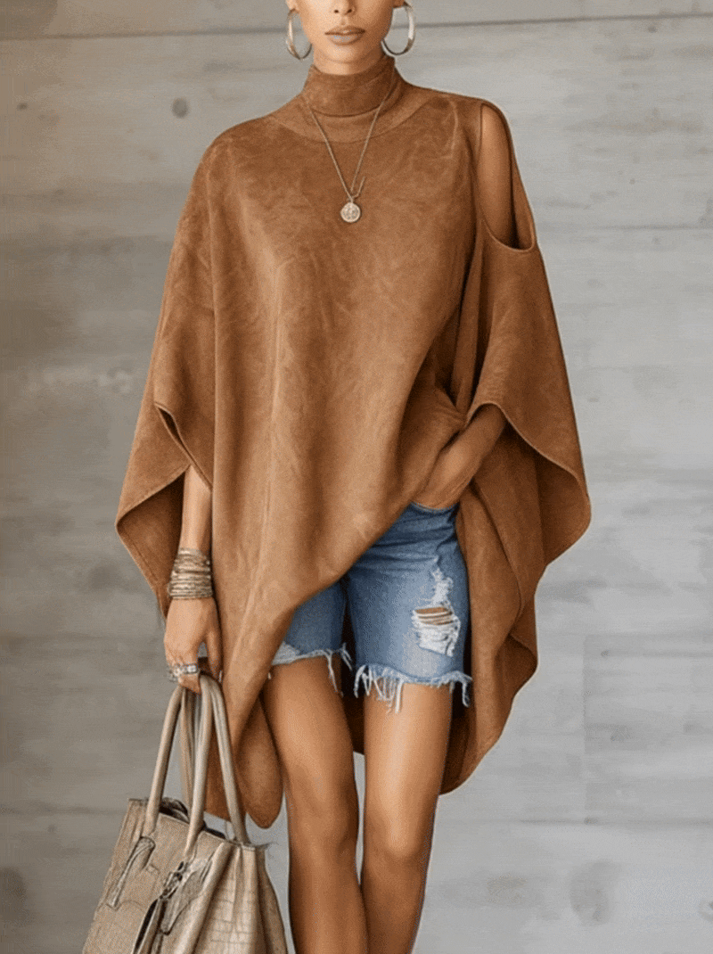 Camel Faux Suede High-Neck Poncho Top with Cutout Shoulder