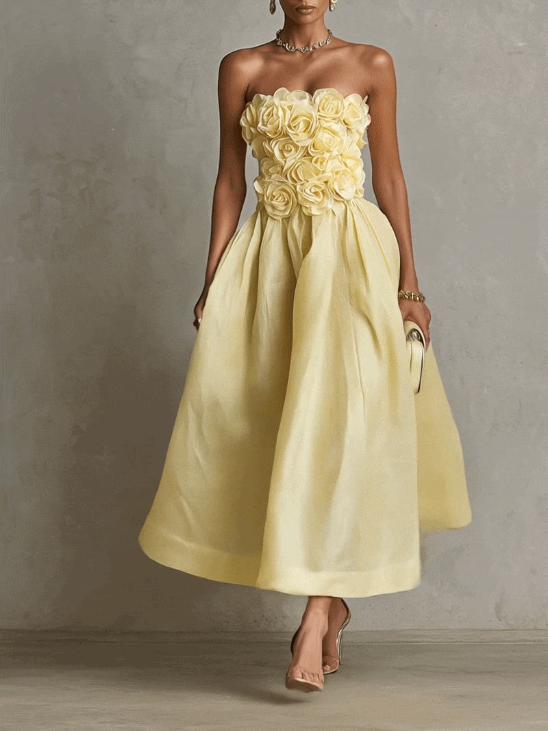 Yellow Strapless Floral Applique Midi Dress