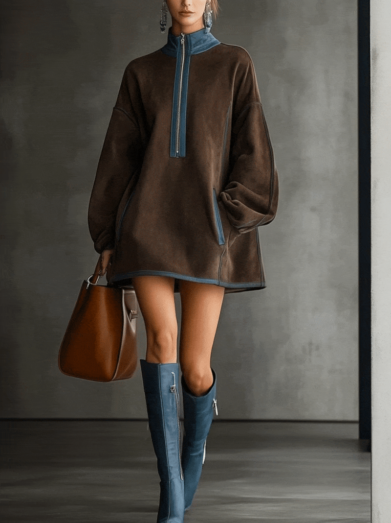 Brown Faux Suede Fleece High-Neck Zip-Up Oversized Mini Dress