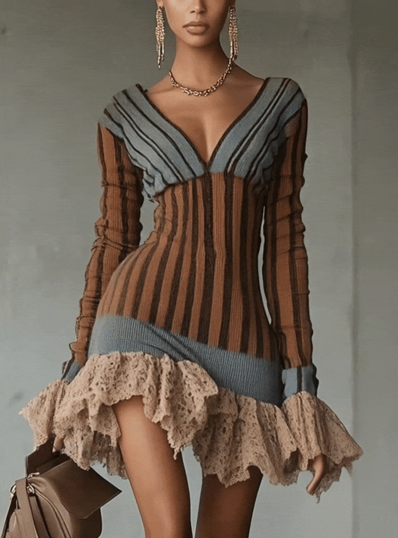 Striped Knit Dress With Crochet Ruffle Hem