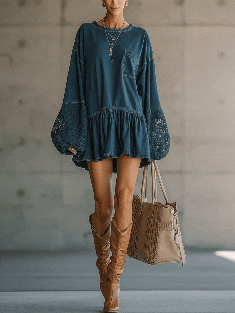 Blue Denim Lace Lantern Sleeve Ruffle Hem Mini Dress
