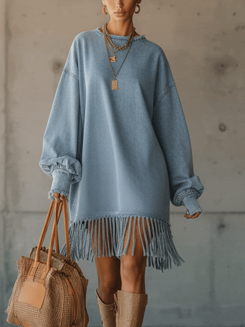 Light Blue Oversized Denim Fringe Hem Mini Dress