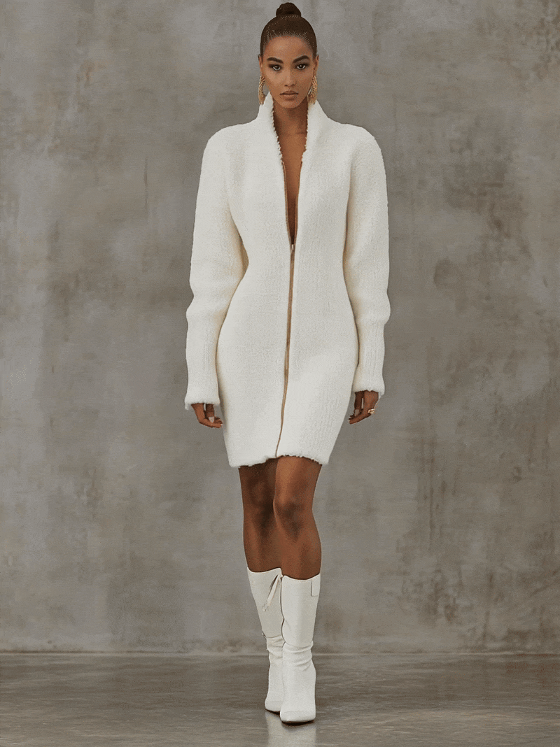 White Lambswool Zip-Front Dress