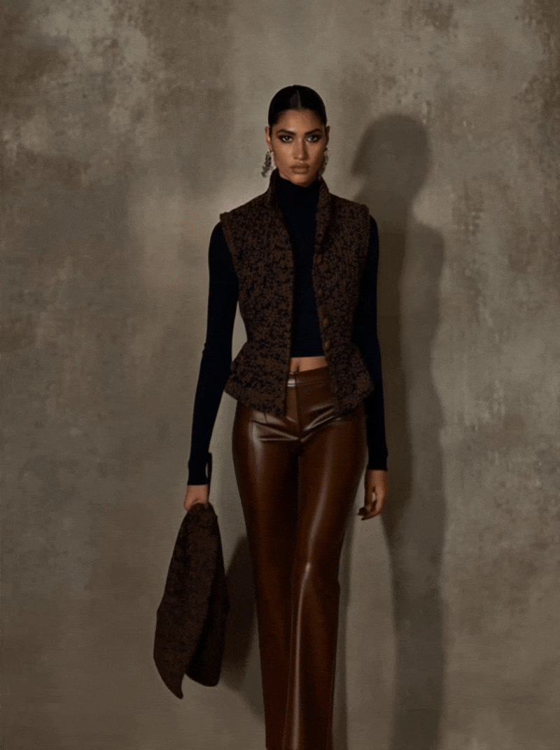 Brown And Navy Textured Knit Vest With Button Closure