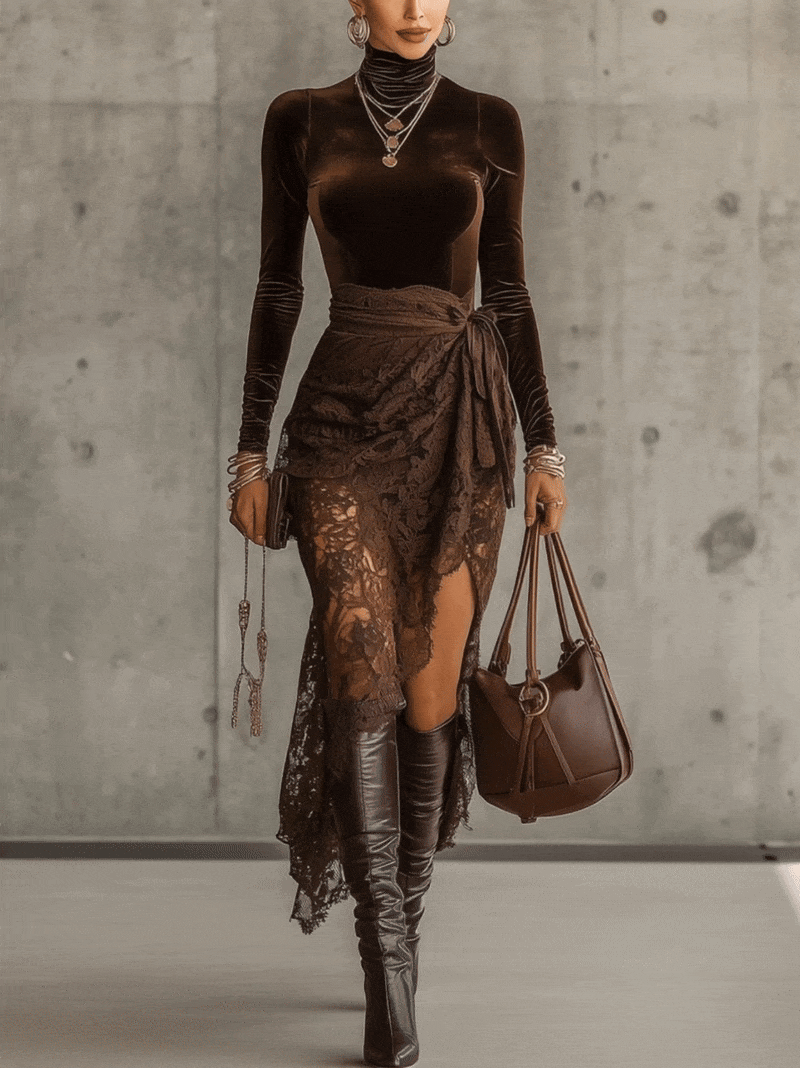 Brown Velvet Lace Patchwork High Slit Asymmetrical Hem Maxi Dress