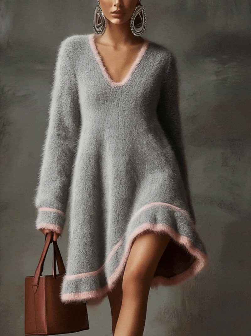 Gray Fuzzy A-Line Dress With Pink Trim And V-Neckline