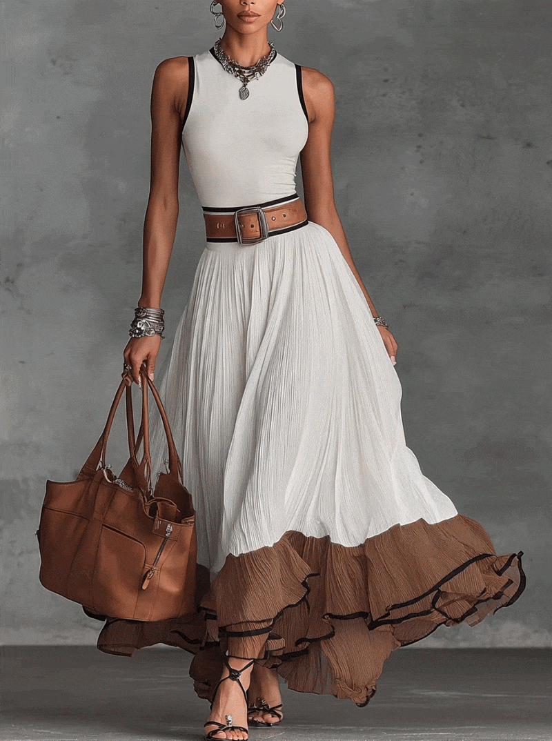 White Sleeveless Pleated Maxi Dress With Contrasting Brown Ruffled Hem
