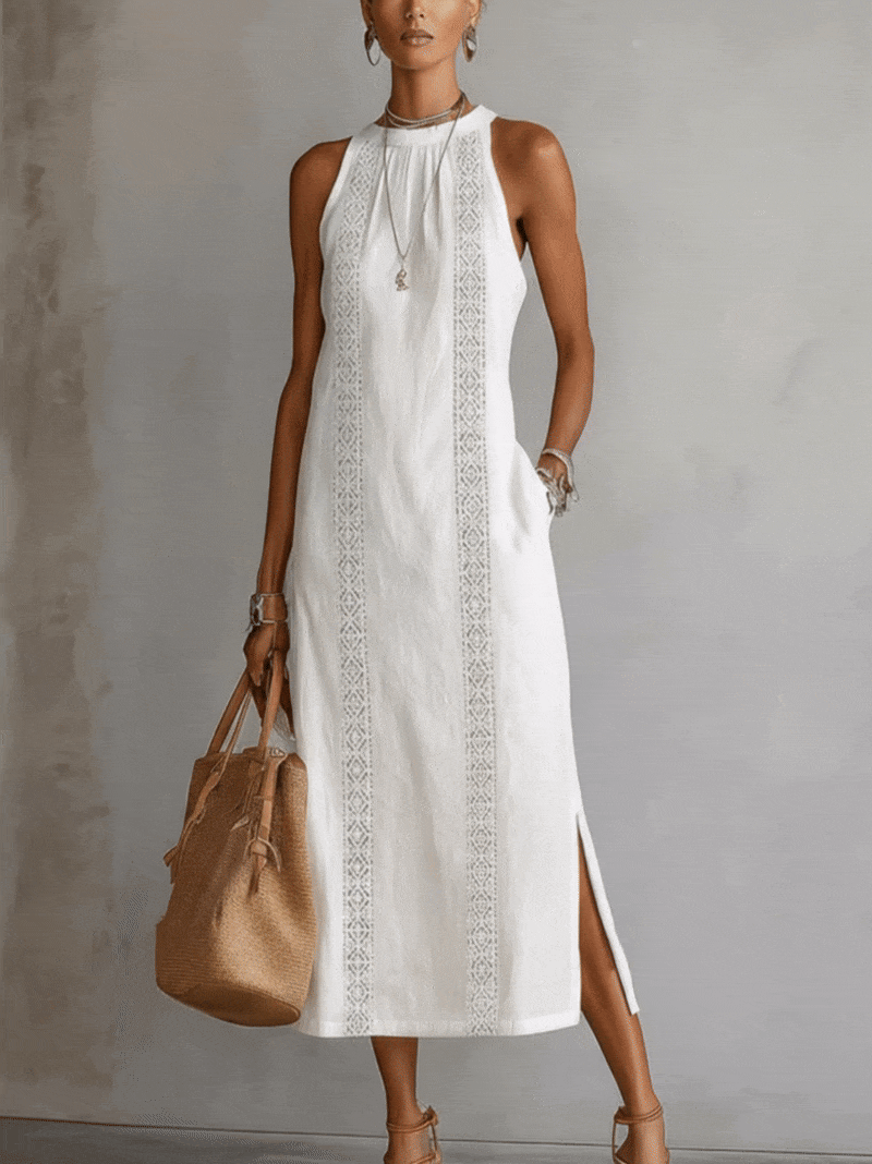White Sleeveless Linen Midi Dress With Lace Insets And Side Slit