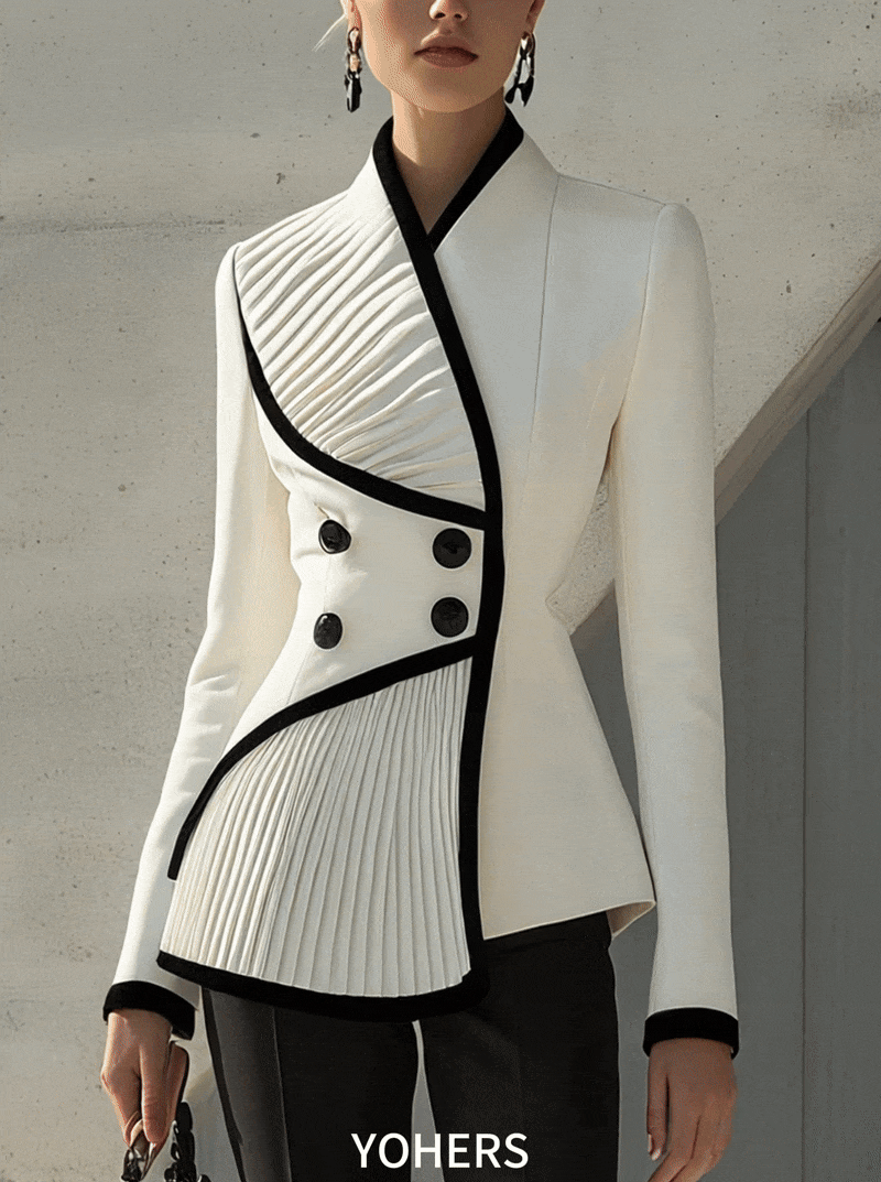 Asymmetric Pleated Contrast Blazer