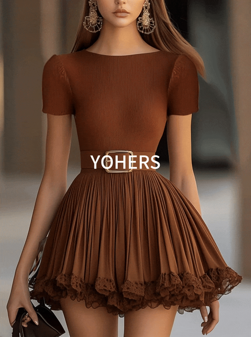 Brown Pleated Dress With Lace Trim