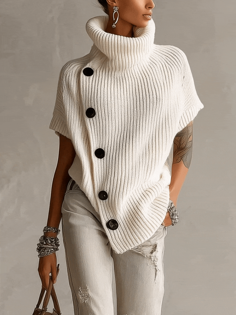 Ivory Ribbed Knit Asymmetric Button Turtleneck Sweater