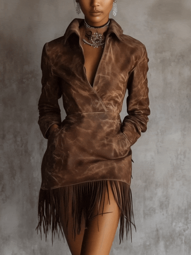 Brown Faux Leather Dress With Fringe Hem