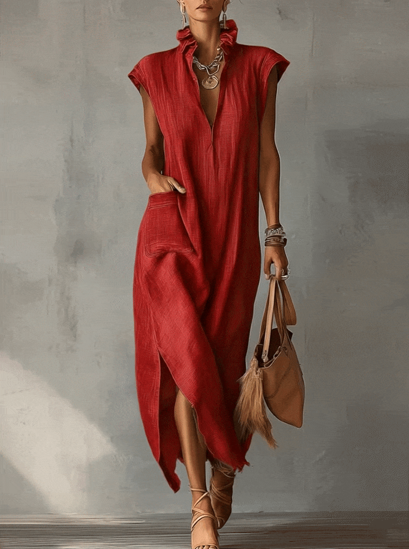 Red Ruffled Collar Linen Maxi Dress With Asymmetric Hem