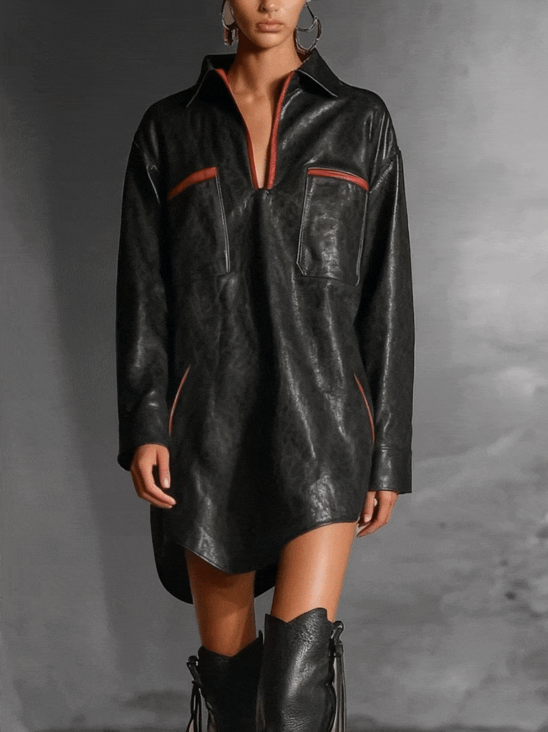 Black Faux Leather Dress With Red Accents