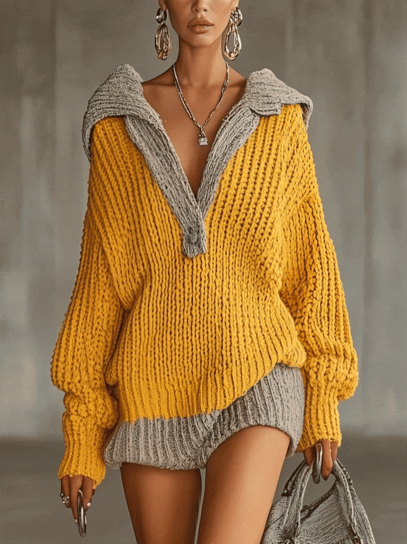 Cozy Two-Tone Knitted Sweater Dress