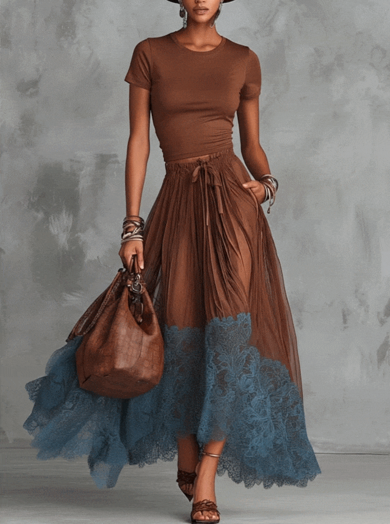 Brown Short Sleeve Shirt And Blue Lace-Trim Tulle Maxi Skirt Set
