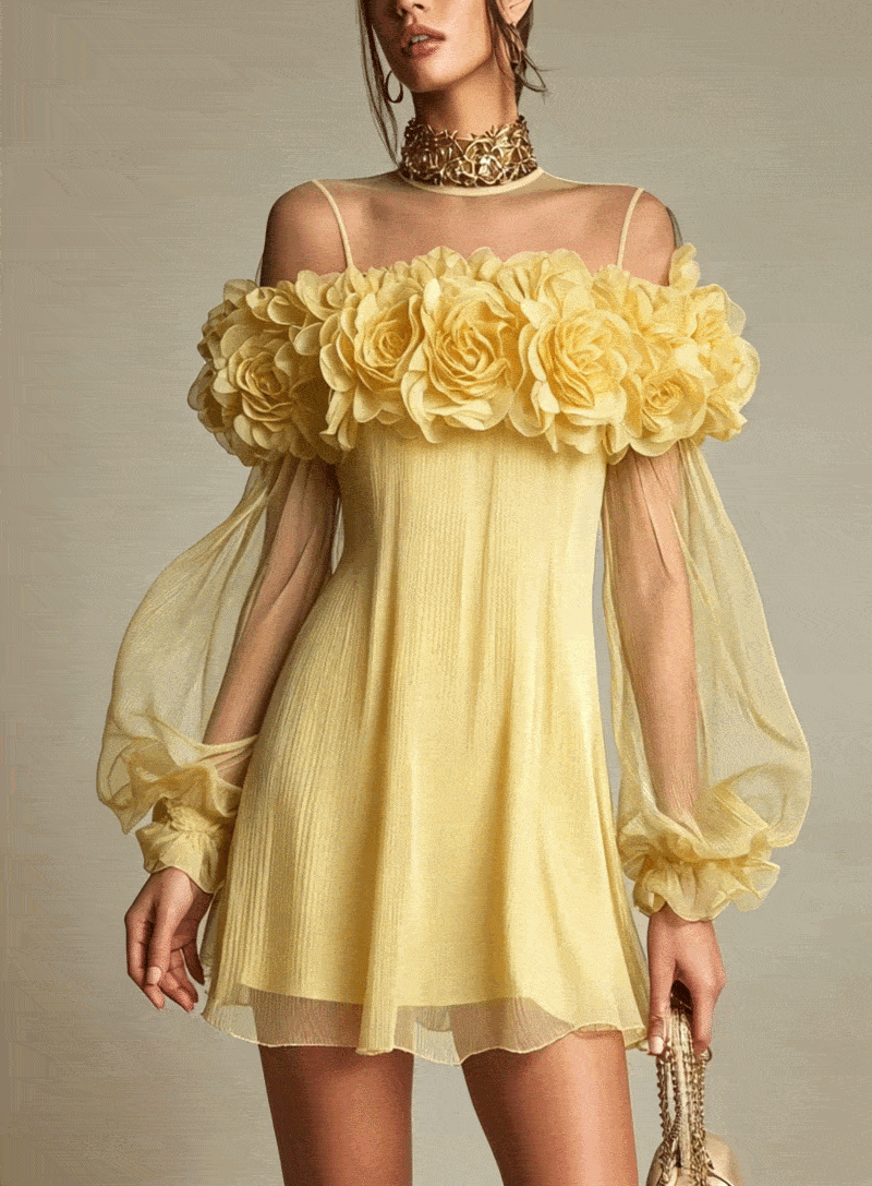 Yellow 3D Floral Pleated Chiffon Mini Dress
