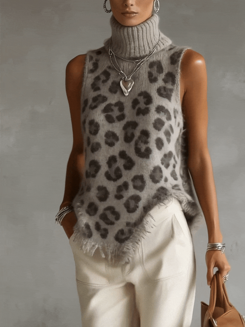 Leopard Print Turtleneck Sleeveless Fuzzy Knit Sweater Vest