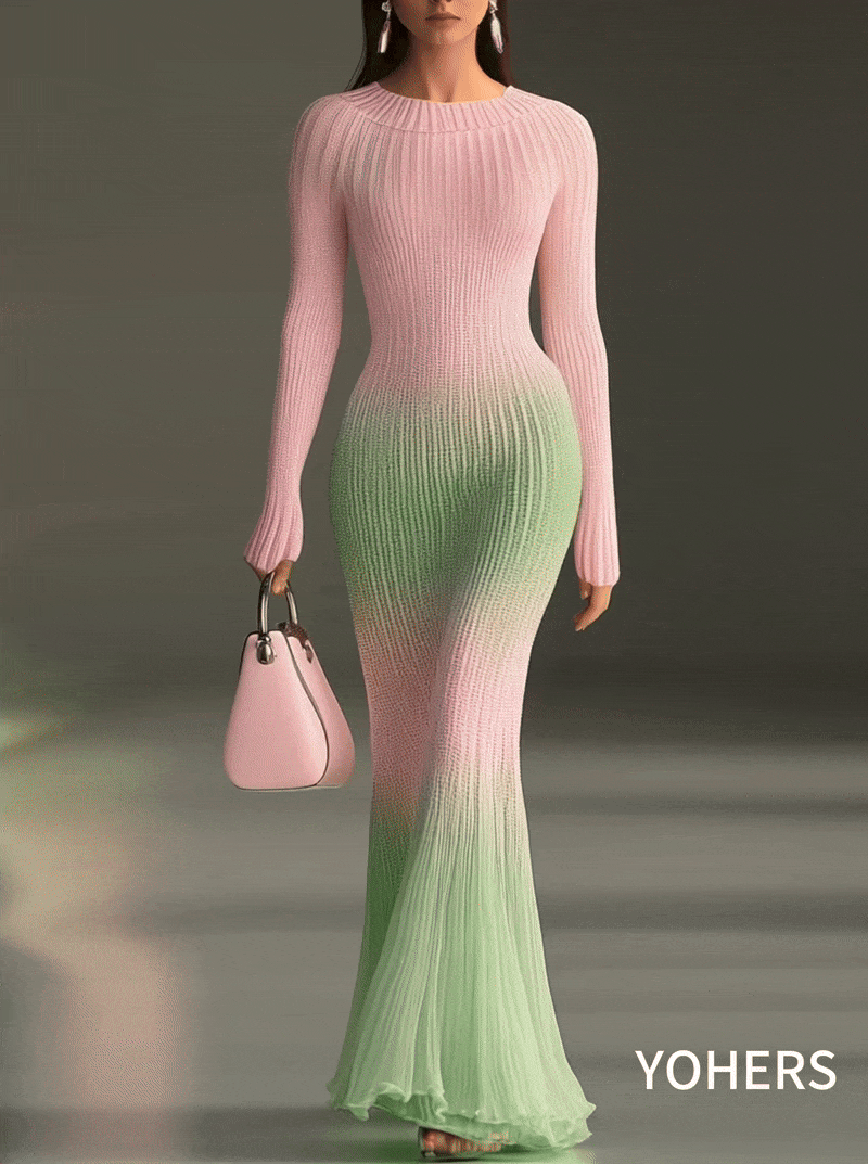Ombre Ribbed Knit Maxi Dress With Flared Hem