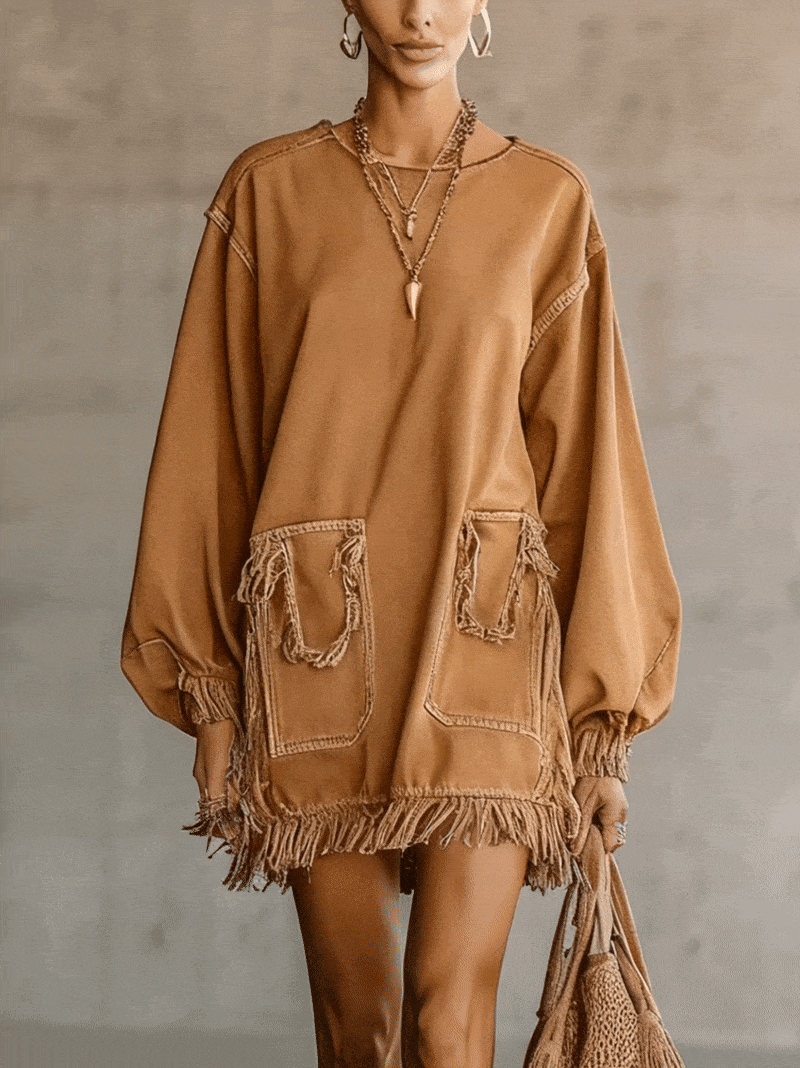 Camel Fringe Hem Oversized Denim Pocket Mini Dress