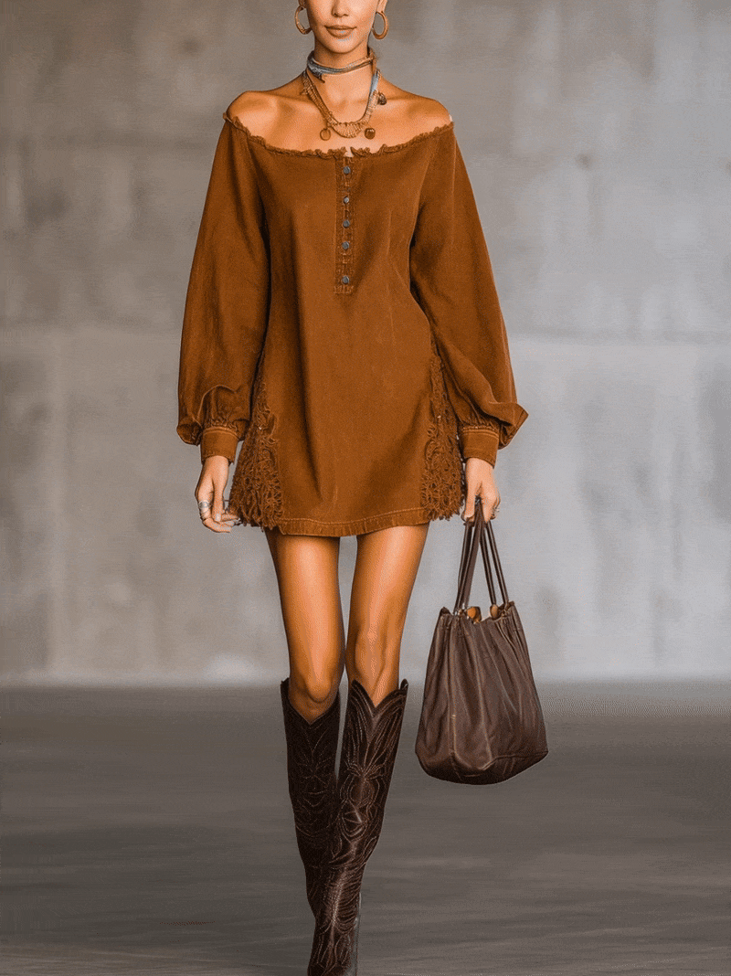 Brown Off-Shoulder Denim Fringe Lace Mini Dress