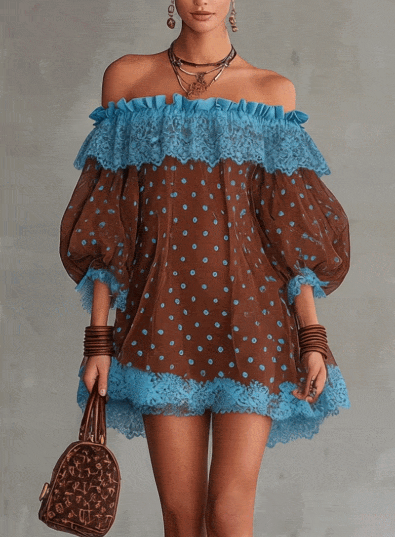 Brown And Blue Off-Shoulder Polka Dot Lace Mini Dress