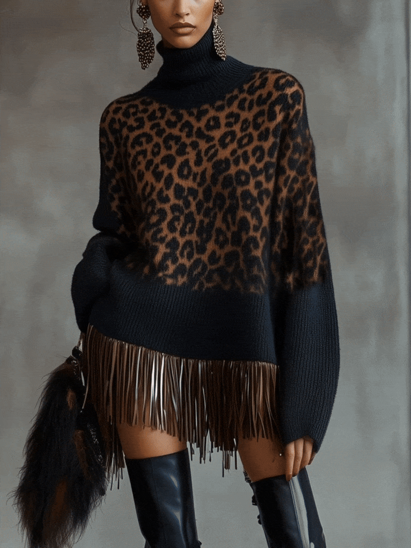 Dark Blue Fringe Leopard Turtleneck Knit Dress