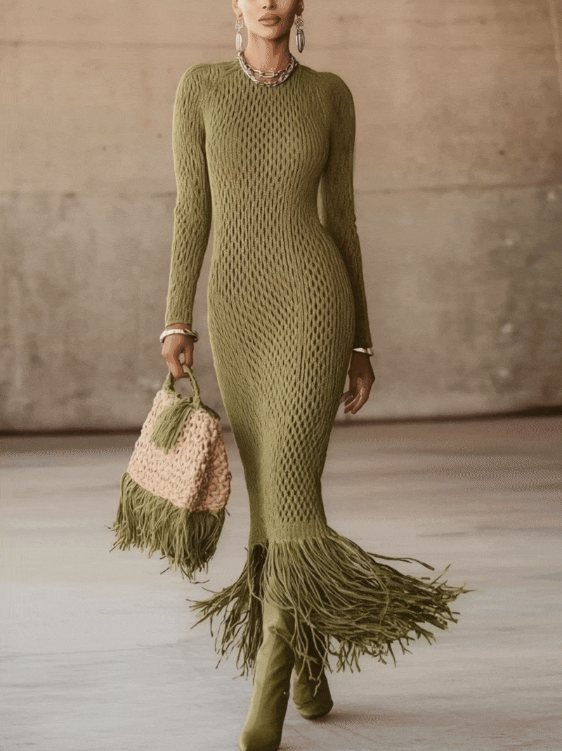 Olive Green Knit Fringe Hem Bodycon Maxi Dress