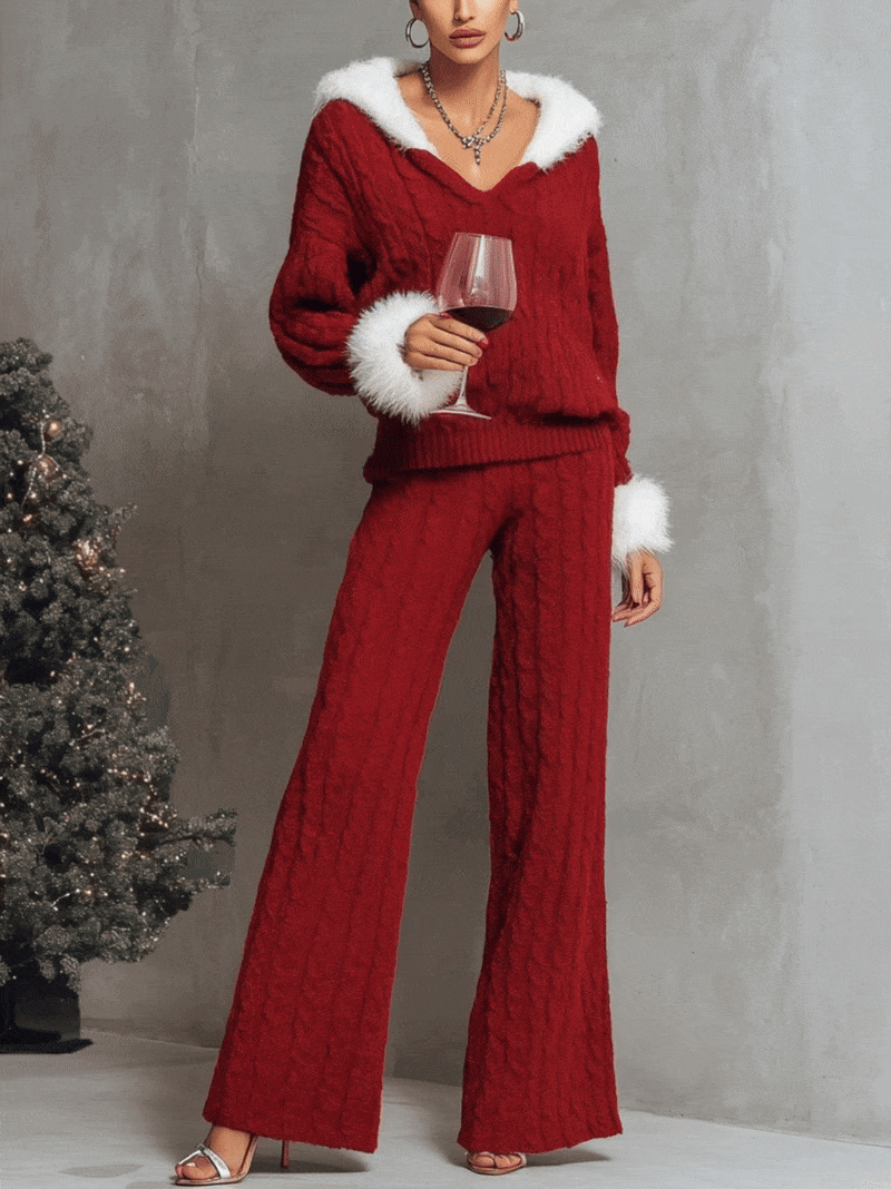Red Cable-Knit Set With Faux Fur Trim