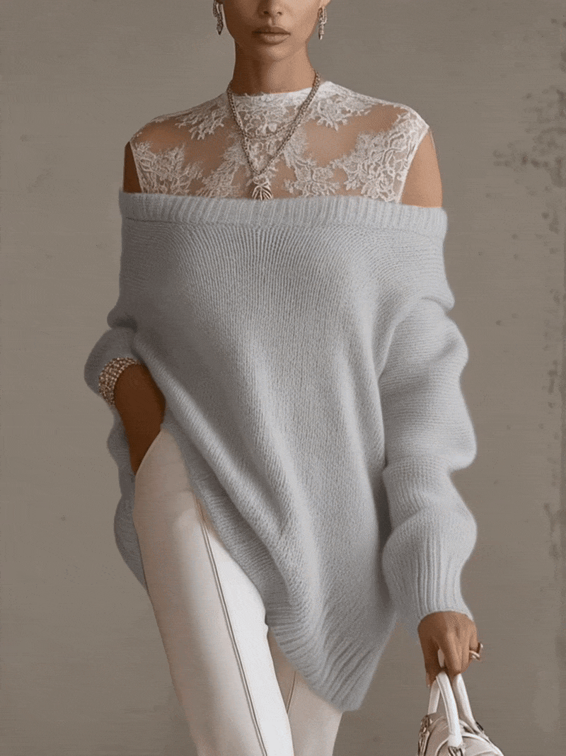 Gray Sweater With Sheer Lace Neckline And Relaxed Silhouette