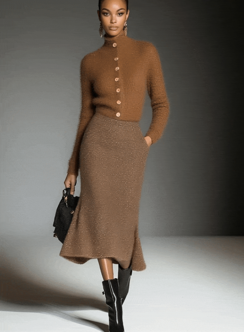 Brown Turtleneck Knit Sweater And Knit Skirt Set