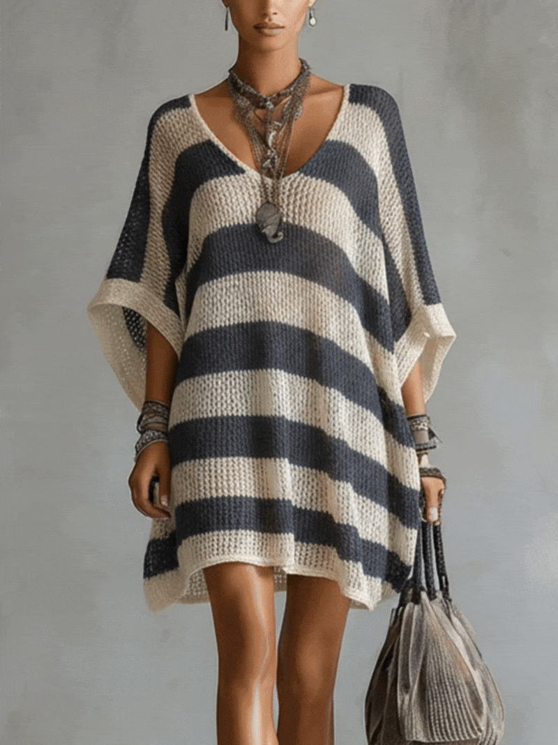 Navy And Cream Striped Loose Knit V-Neck Mini Dress