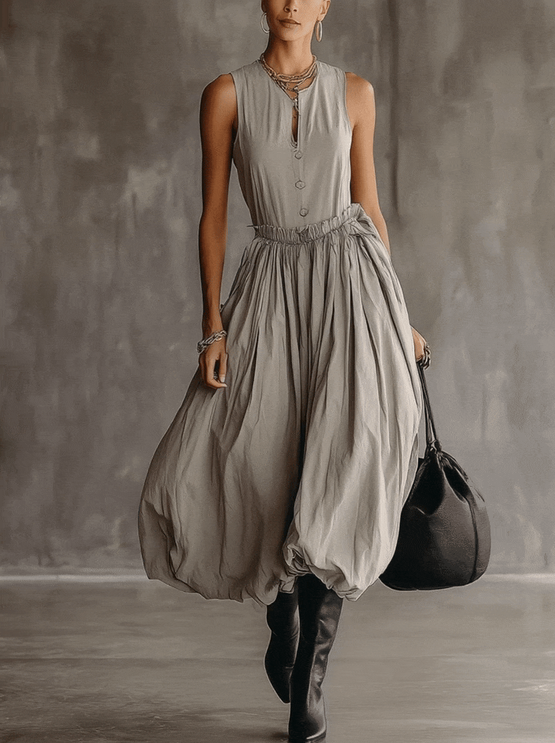 Gray Sleeveless Button Front Balloon Hem Midi Dress