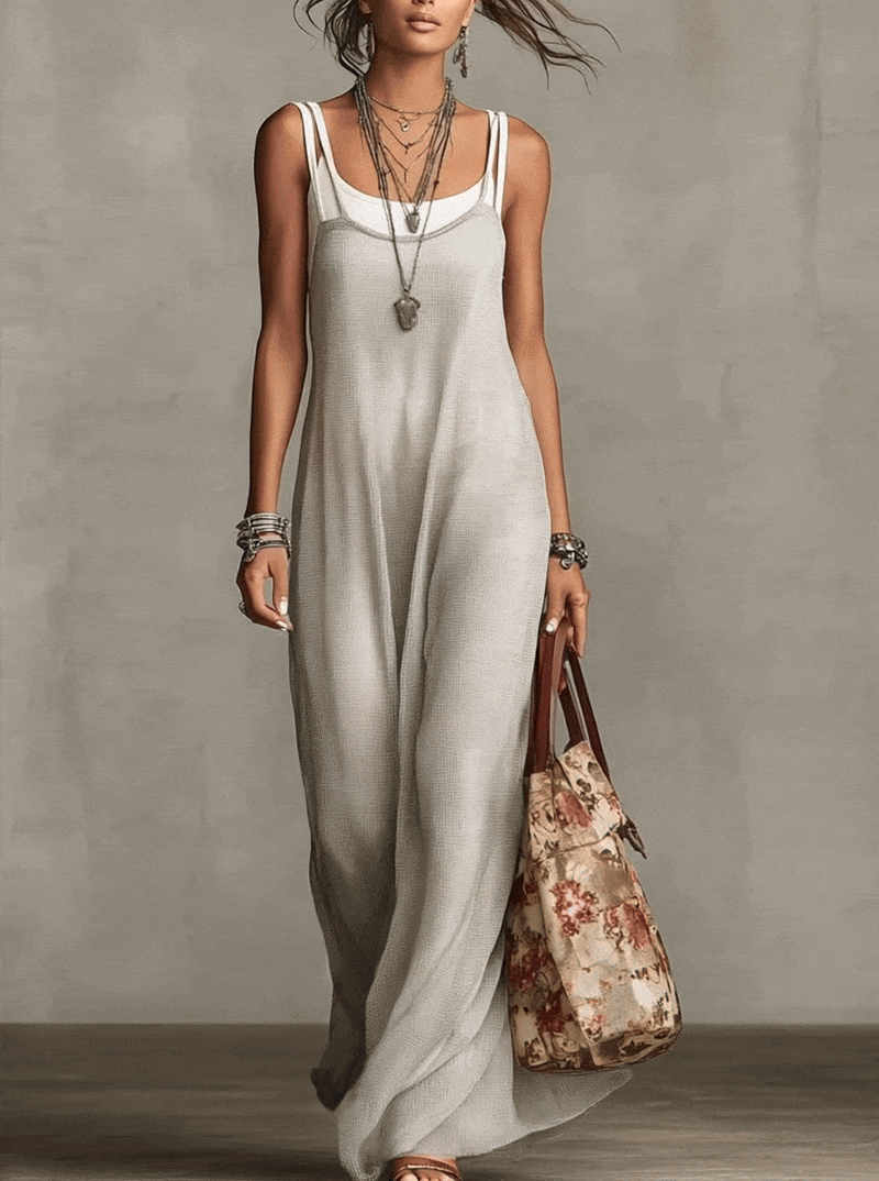 Light Gray Layered Lmit Maxi Dress With White Tank Dress