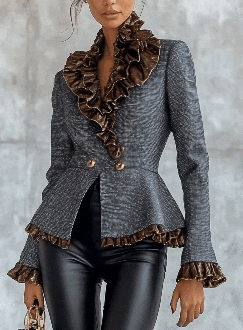 Blue Elegant Ruffled Tweed Jacket