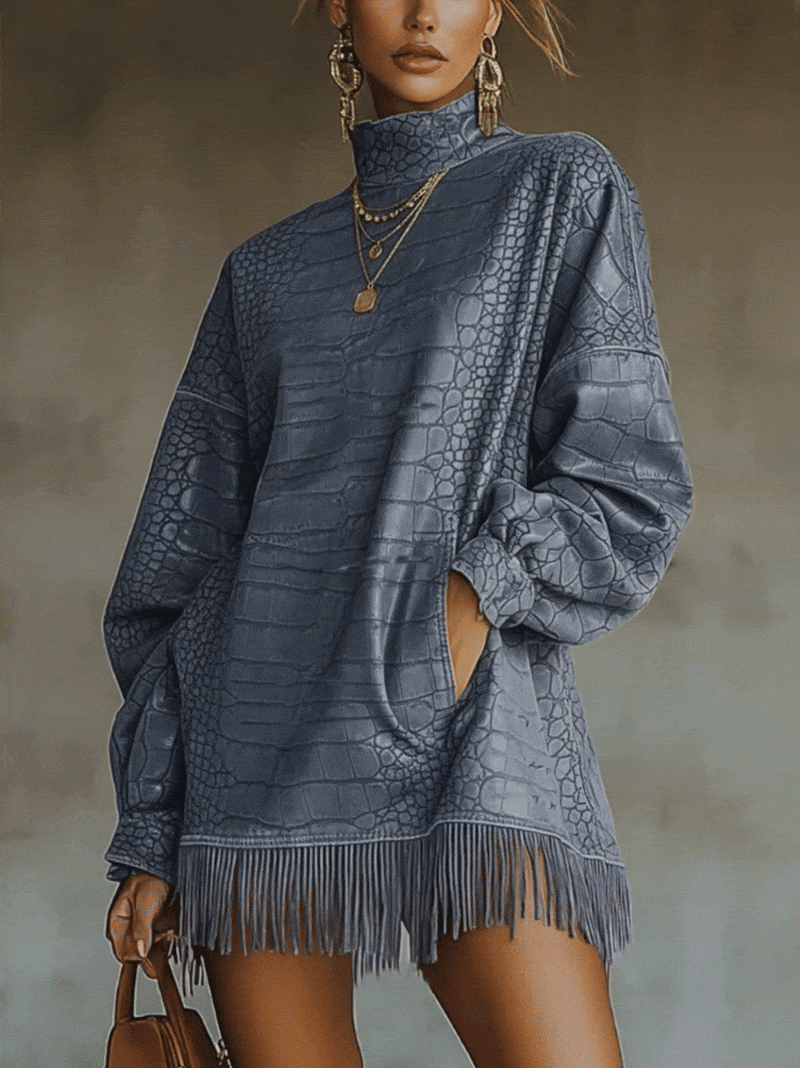 Blue Faux Crocodile-Textured Fringed High Collar Mini Dress
