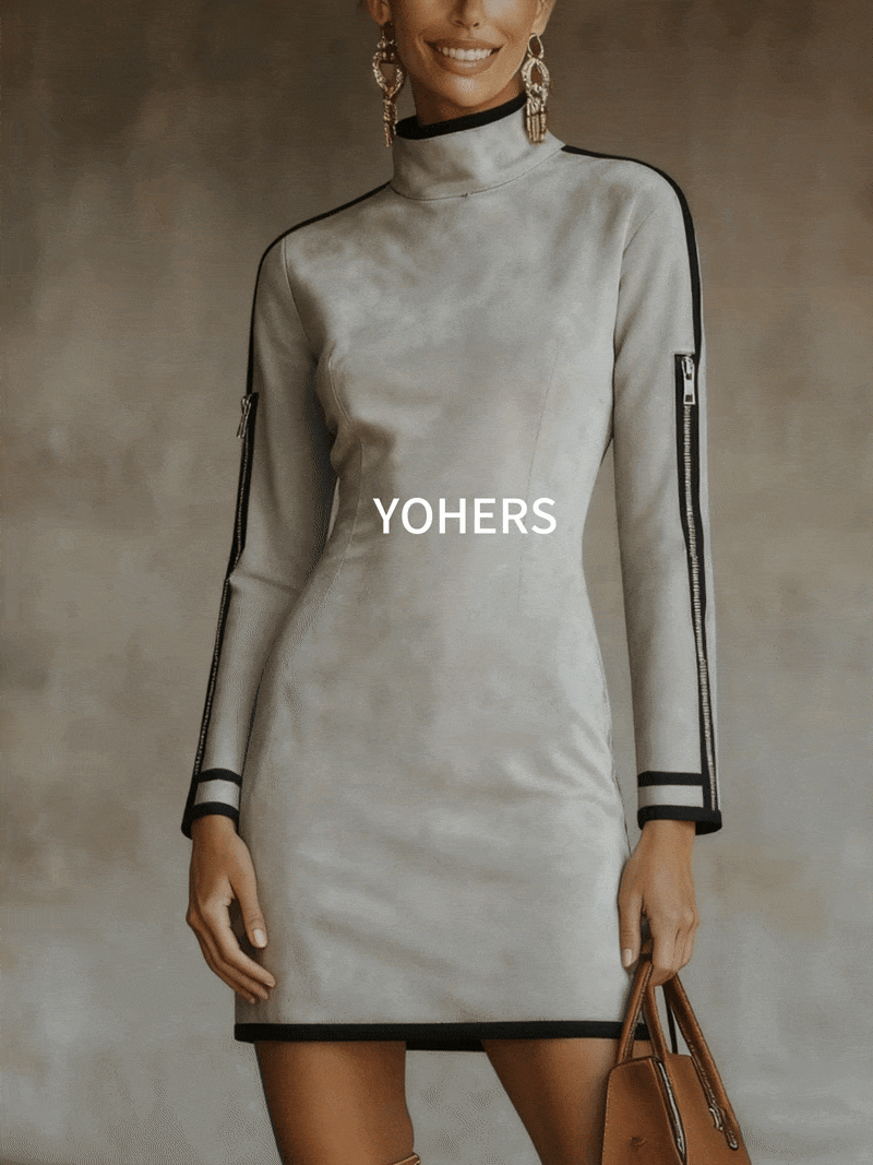 Gray Faux Suede Mock Neck Mini Dress With Zip Sleeve Detail