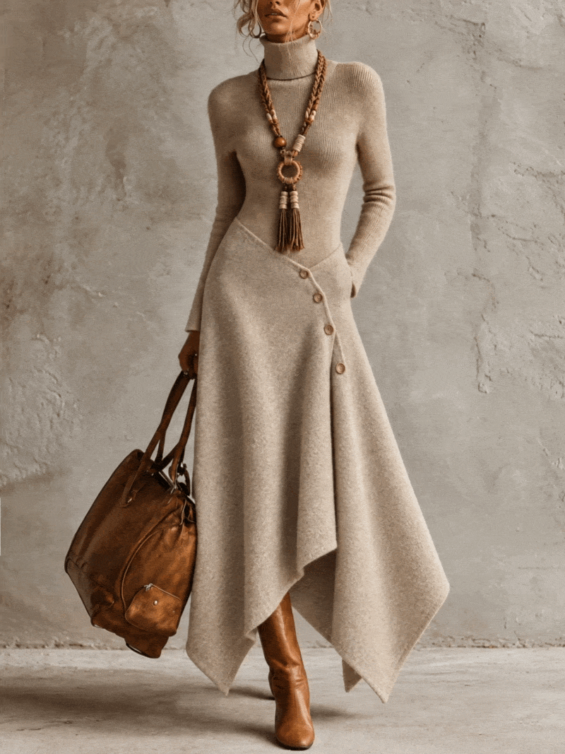 Oatmeal Knit Turtleneck Asymmetric Button Detail Hem Maxi Dress