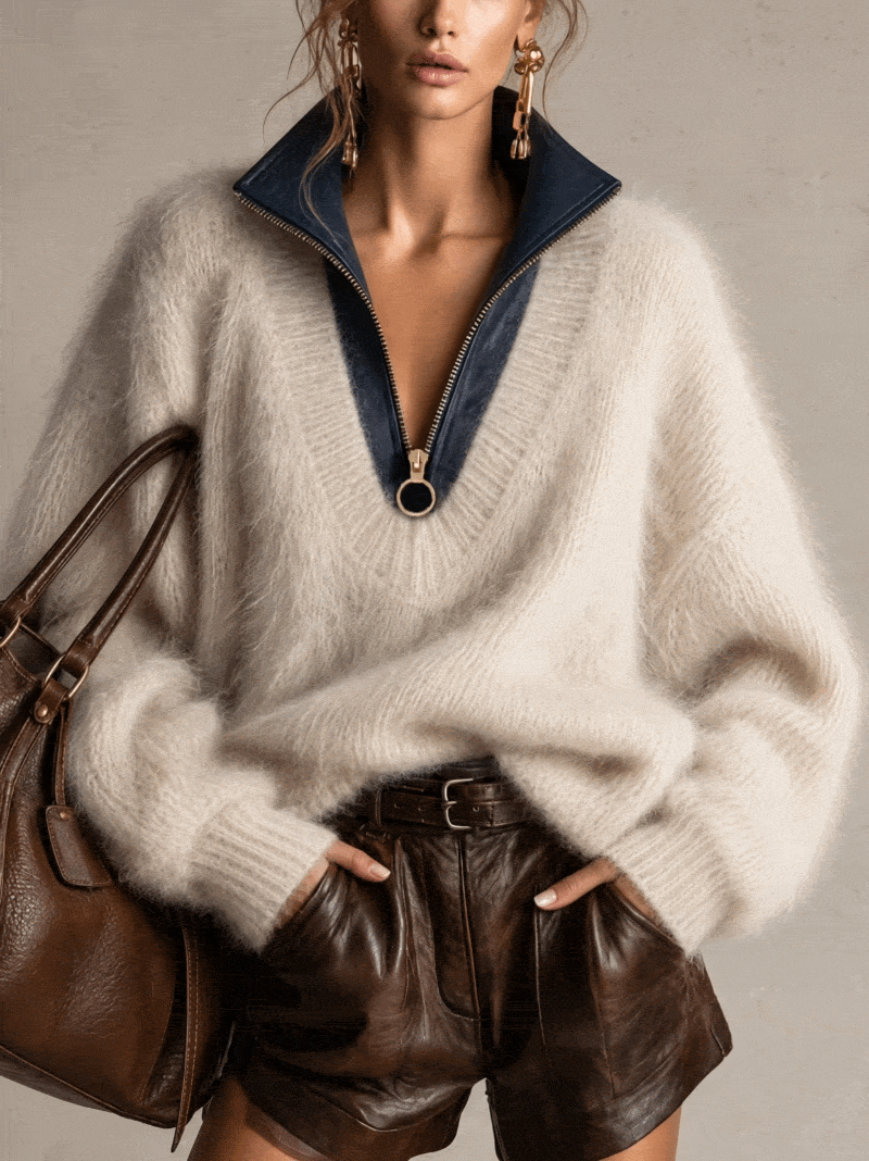 Off White Fluffy Knit Sweater With Contrast Pu Leather Zip Collar