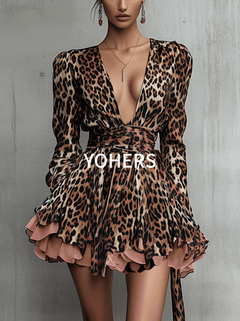 Brown Leopard Plunge-V Neck Ruffled Mini Dress