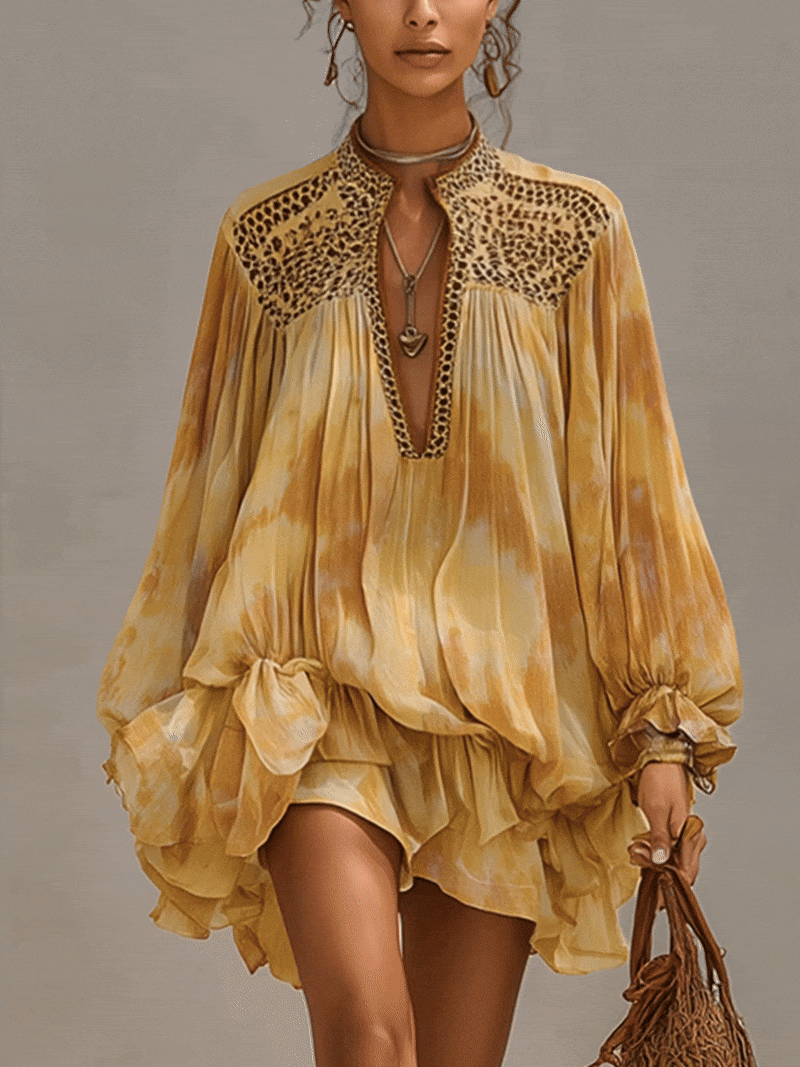 Yellow Tie Dye Embroidered Loose Long Sleeve Mini Dress
