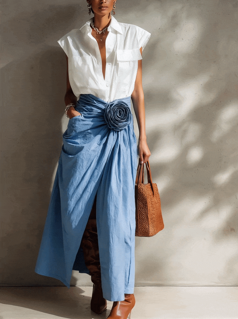 White Cotton Sleeveless Shirt And Blue 3D Floral Slit Skirt Set