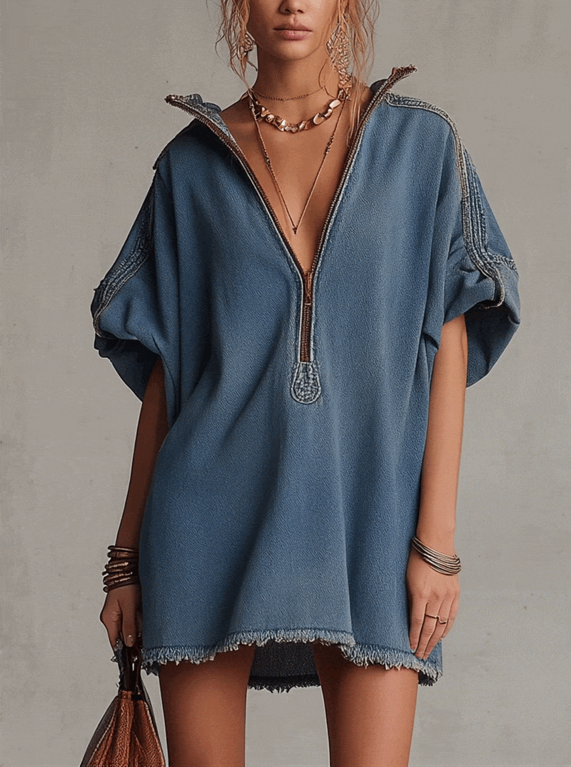 Blue Washed Short Sleeve Mini Denim Dress