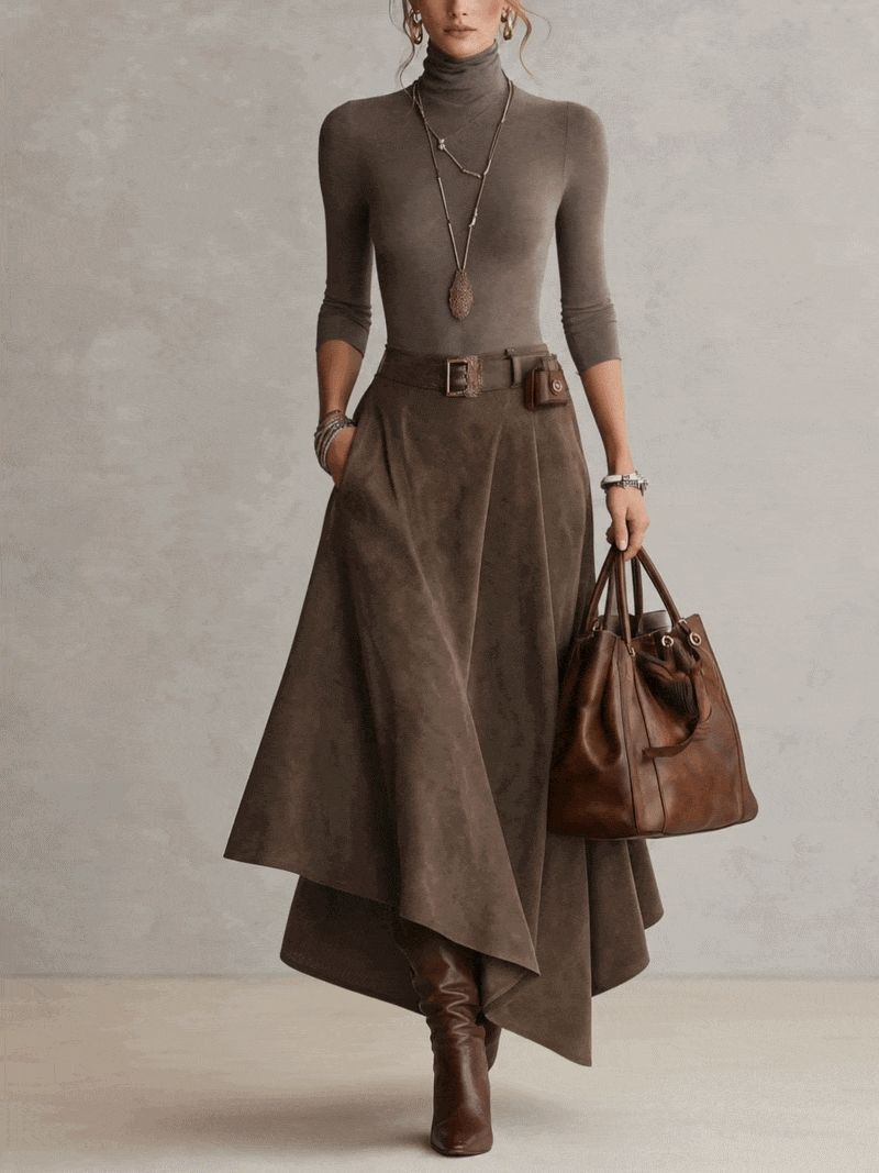 Taupe Stretch Turtleneck Top And Asymmetrical Suede Skirt Set