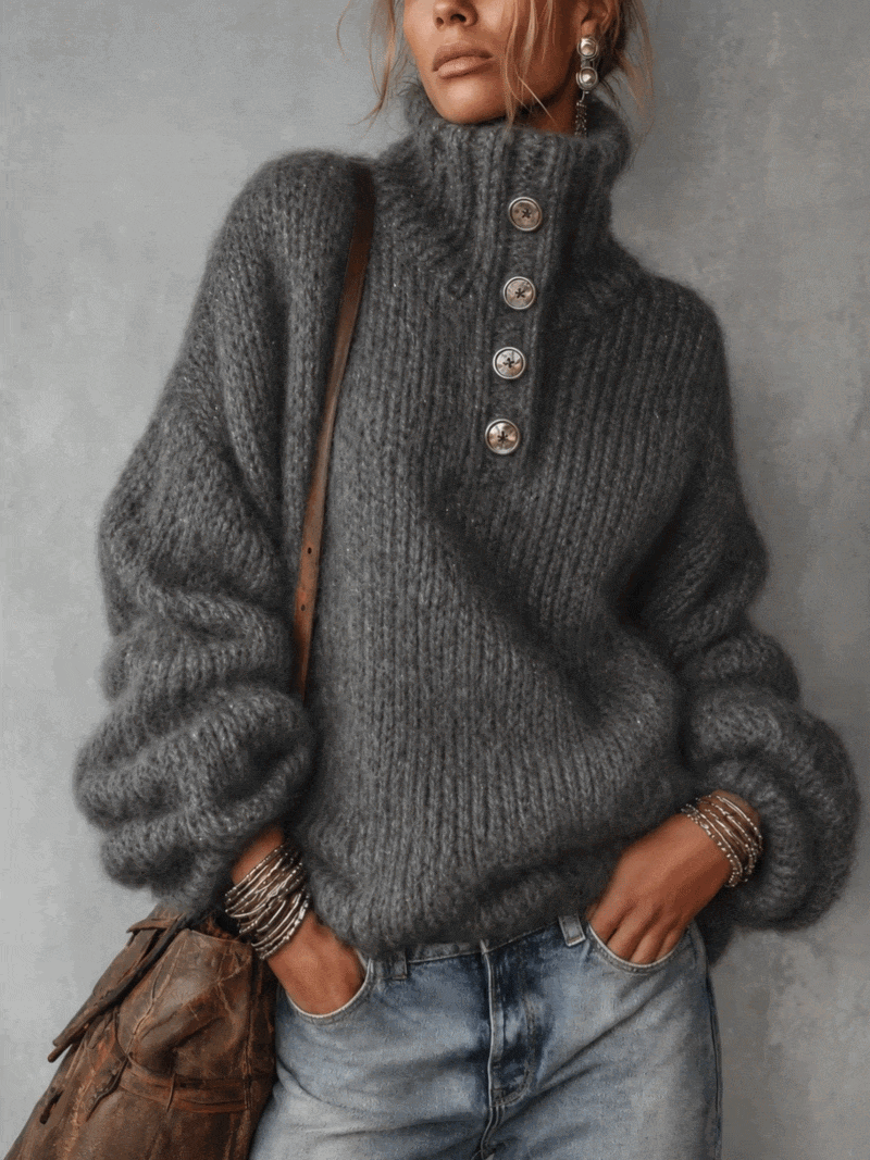 Charcoal Gray Metallic Thread Button Detail Oversized Sweater