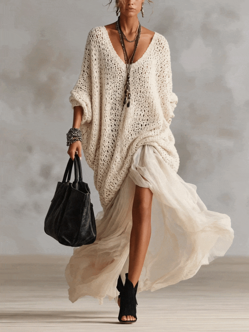 Cream Oversized Chunky Knit V-Neck Maxi Dress With Chiffon Hem
