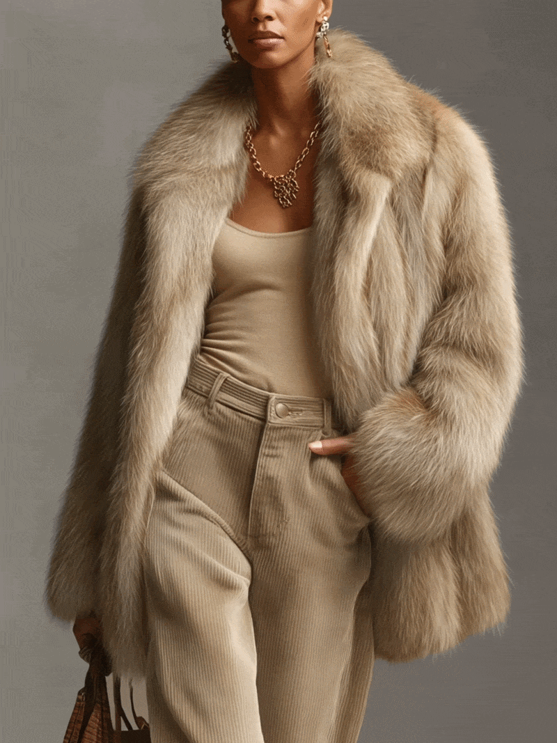 Khaki Gradient Faux Fox Fur Coat