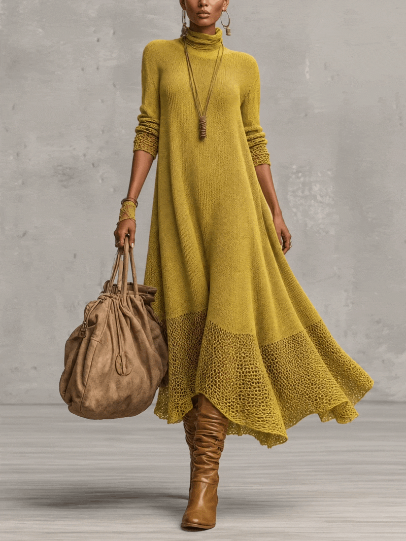Mustard Yellow Oversized Turtleneck Open Knit Panel Long Sleeve Midi Dress