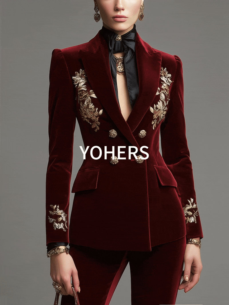 Deep Red Velvet Print Double Breasted Blazer